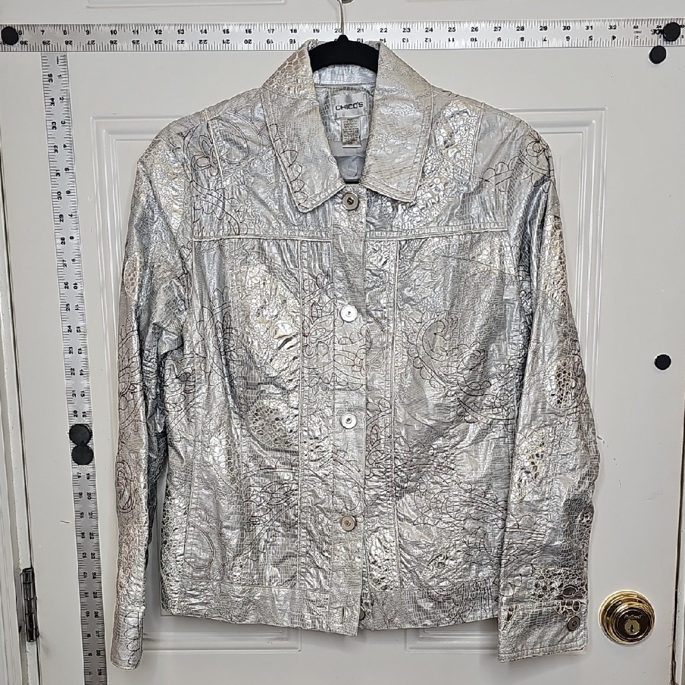 Chico's, Metallic, Party, Wedding Classic, Travel,  Cotton, Silver, Jacket, Fun